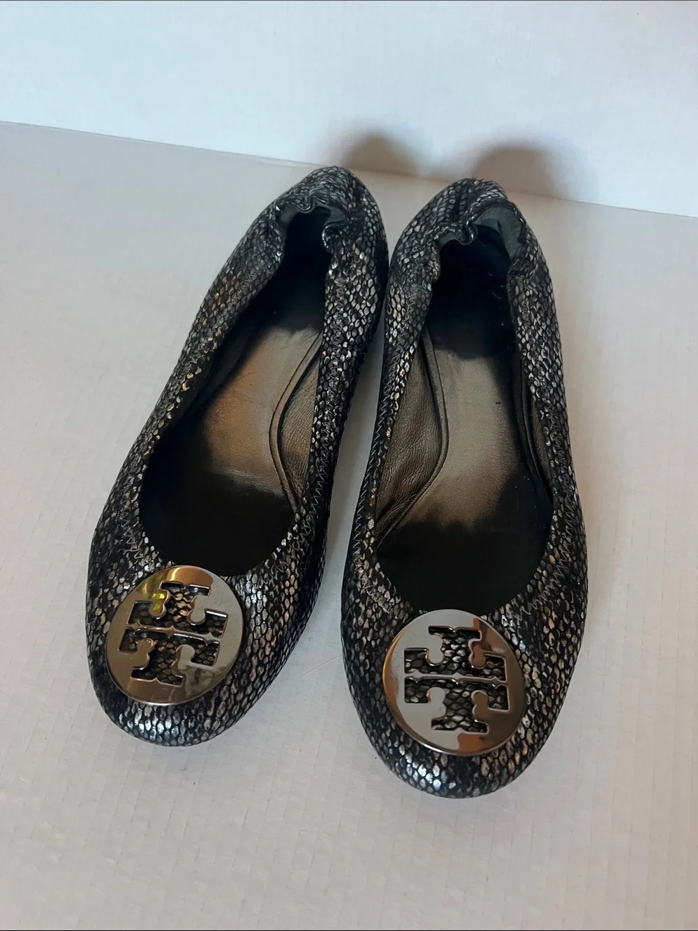 Tory Burch Black Snake-Print Embossed Reva Flats with Gold Logo